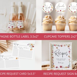 May include: A set of printable bridal shower party decorations featuring a floral theme. The set includes cupcake toppers, a champagne bottle label, a recipe request card, and a recipe request sign. The cupcake toppers feature the text "Bride to Be", "Sarah's Bridal Shower", and "Love in Bloom". The champagne bottle label features the text "Sarah's Bridal Shower". The recipe request card and sign feature the text "Recipes".
