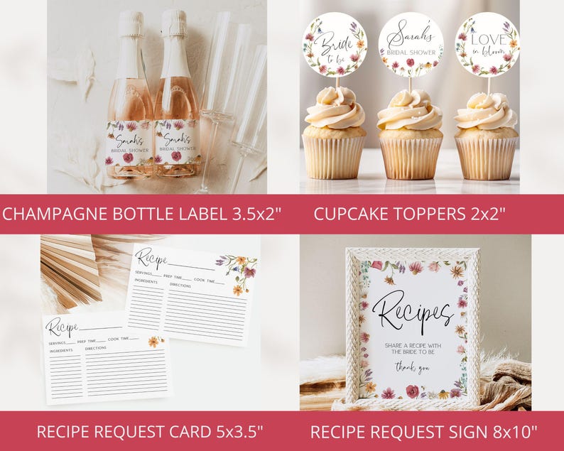 May include: A set of printable bridal shower party decorations featuring a floral theme. The set includes cupcake toppers, a champagne bottle label, a recipe request card, and a recipe request sign. The cupcake toppers feature the text "Bride to Be", "Sarah's Bridal Shower", and "Love in Bloom". The champagne bottle label features the text "Sarah's Bridal Shower". The recipe request card and sign feature the text "Recipes".