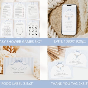 Pu&ograve; includere: Un set di cancelleria per baby shower con motivo a righe azzurre e illustrazione di un fiocco blu. Include carte da gioco da 12,7x17,8 cm, un invito digitale da 1080x1920px, etichette da 8,9x5,1 cm e cartellini di ringraziamento da 5,1x8,9 cm.