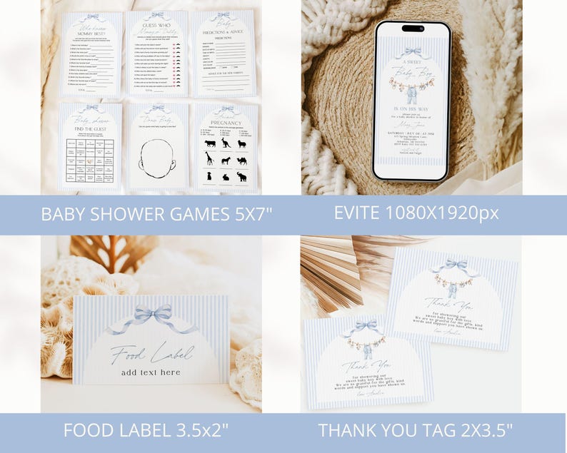 Pu&ograve; includere: Un set di cancelleria per baby shower con motivo a righe azzurre e illustrazione di un fiocco blu. Include carte da gioco da 12,7x17,8 cm, un invito digitale da 1080x1920px, etichette da 8,9x5,1 cm e cartellini di ringraziamento da 5,1x8,9 cm.