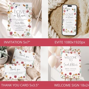 May include: A set of printable bridal shower invitations, thank you cards, and a welcome sign. The design features a floral wreath with watercolor flowers in shades of pink, red, orange, and yellow. The text on the invitation reads "Love in Bloom" and includes the bride's name and the date of the shower. The thank you card says "Thank you" and the welcome sign says "Welcome to Sarah Malai's Bridal Shower".