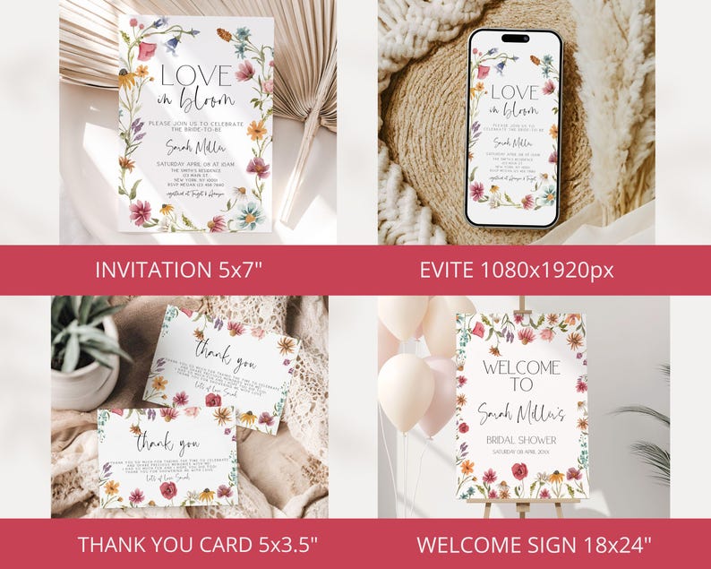 May include: A set of printable bridal shower invitations, thank you cards, and a welcome sign. The design features a floral wreath with watercolor flowers in shades of pink, red, orange, and yellow. The text on the invitation reads "Love in Bloom" and includes the bride's name and the date of the shower. The thank you card says "Thank you" and the welcome sign says "Welcome to Sarah Malai's Bridal Shower".