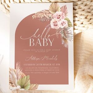 Hello Baby Shower Invitation, Boho Baby Invitation, Bohemian Baby Shower Invitation, Pampas Shower invite, Editable Template 5x7 Printable image 1