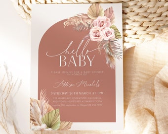 Hello Baby Shower Invitation, Boho  Baby Invitation, Bohemian Baby Shower Invitation, Pampas Shower invite, Editable Template 5x7 Printable