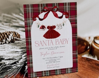 Girl Santa Baby Shower Invitation, Tartan Christmas Baby Shower Invite, Dress Santa Baby Shower, 5x7", Canva Template, Digital Download