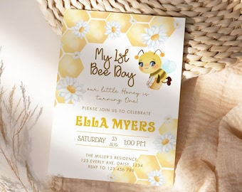 1st Bee Day Birthday Invitation, Bee Birthday Invitation, Bee 1st Birthday Template, Beeday Birthday Invite