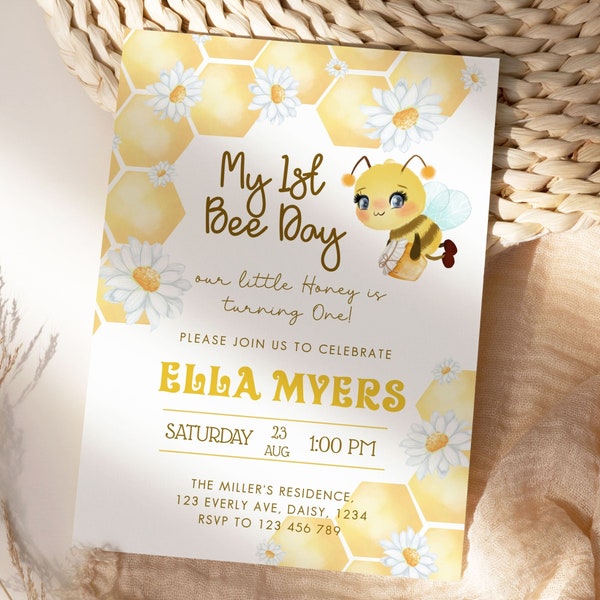 1st Bee Day Birthday Invitation, Bee Birthday Invitation, Bee 1st Birthday Template, Beeday Birthday Invite