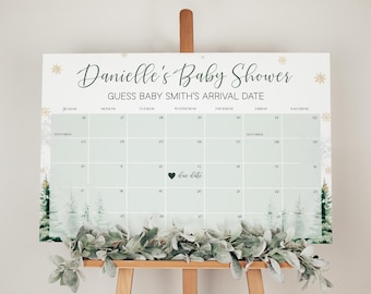May include: A white printable calendar with a winter forest background. The calendar is for a baby shower and has the text "Danielle's Baby Shower" and "Guess Baby Smith's Arrival Date".