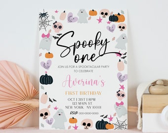 Halloween 1st Birthday Invitation, Halloween First Birthday Invite, Pastel Halloween Birthday, Pink Halloween Invitation Girl, Editable