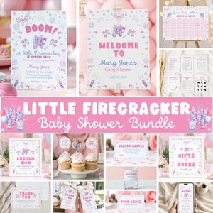 May include: A baby shower bundle with a pink and blue firecracker theme. Includes invitations, welcome signs, thank you cards, and other party supplies. The text includes "BOOM!", "Welcome to Mary Jane's Baby Shower", and "Little Firecracker Baby Shower Bundle."