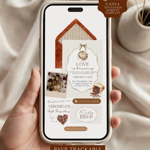 May include: A smartphone screen displaying a 3-page Canva bridal shower invitation website template. The design features a coffee theme with text reading Love is brewing, Veronica Jade, Gift Registry, and RSVP, alongside coffee bean graphics.