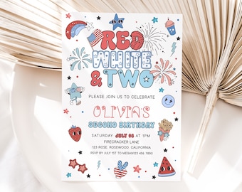 May include: Red, white, and blue birthday party invitation with a cartoon illustration of fireworks, stars, and a smiling face. The text reads "Red White & Two" and "Olivia's Second Birthday".