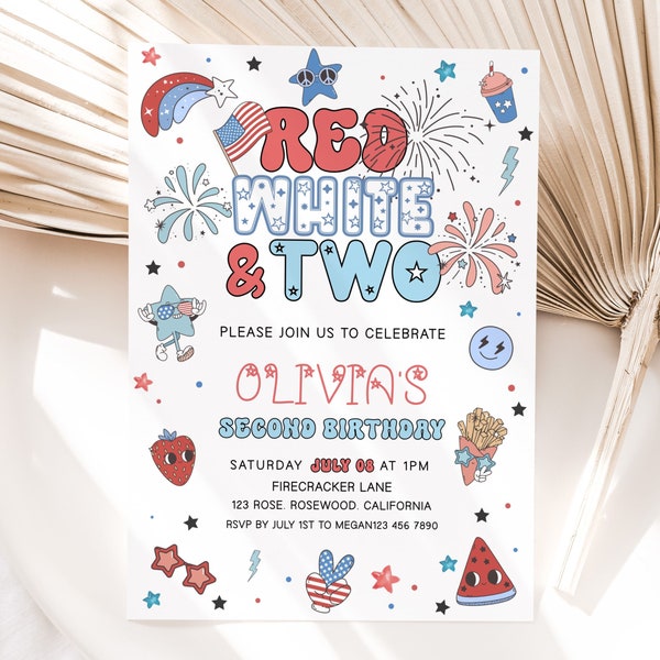 Editable Red White and Two Birthday Invitation, 4th of July Birthday Invite, 4th of July Birthday Invitation, Patriotic Birthday Invitation