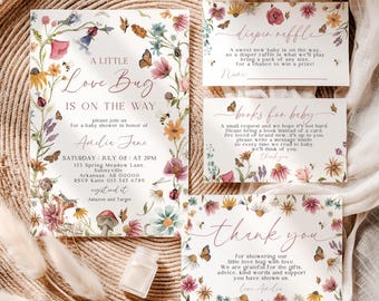 A Little Love Bug Baby Shower Invitation Suite, Love Bug Baby Shower Suite, Floral Bug Theme, Canva Template