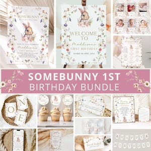 Bunny First Birthday Invitation Bundle, Somebunny Is Turning One Birthday Bundle, Easter Birthday Invite, Bunny Birthday Decor, Template