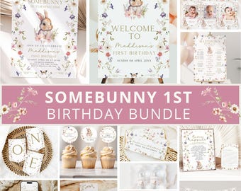 Bunny First Birthday Invitation Bundle, Somebunny Is Turning One Birthday Bundle, Easter Birthday Invite, Bunny Birthday Decor, Template