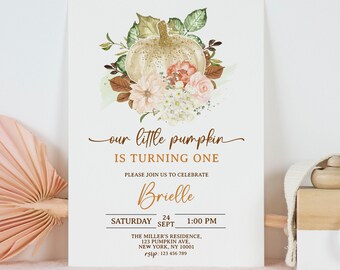 Invitación de cumpleaños de la pequeña calabaza, invitación del primer cumpleaños de la calabaza, invitación de cumpleaños de otoño, invitación de la pequeña calabaza, cumpleaños de la pequeña calabaza