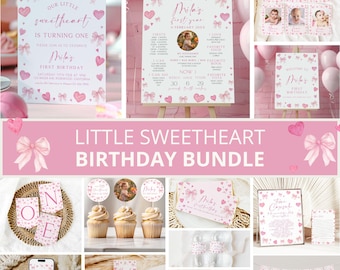 Little Sweetheart Birthday Invitation Bundle, Valentine Pink Bow Invite, Hearts and Bows Birthday, Girl, Pink Bow 1st Birthday, Templates
