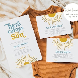 Hier kommt der Sohn-Babyparty-Einladung, Sonne-Babyparty-Einladung, Sonnenschein-Baby-Dusche-Junge, hier kommt die Sonne, Blau und Gelb Bild 3