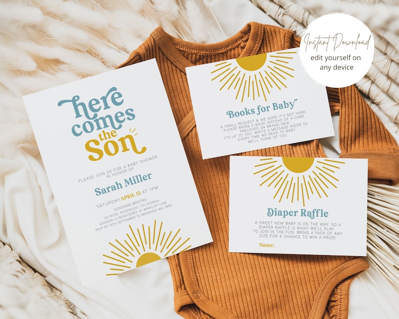 Hier kommt der Sohn-Babyparty-Einladung, Sonne-Babyparty-Einladung, Sonnenschein-Baby-Dusche-Junge, hier kommt die Sonne, Blau und Gelb Bild 3