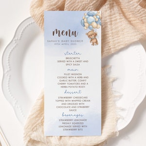 We kunnen Bearly Wait baby shower menu, Blue Bear baby shower menukaart, baby shower menukaart, Boy baby shower, bewerkbare sjabloon