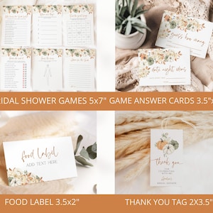 May include: Set of 16 printable bridal shower games with floral designs. The games are 5x7 inches and the answer cards are 3.5x2.5 inches. There is also a food label and a thank you tag included.