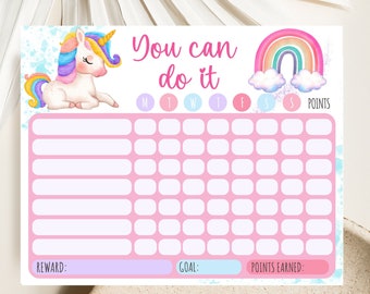 May include: A pink and white printable chart with a rainbow and a unicorn illustration. The chart has the text "You can do it" and a grid with the days of the week labelled. It also has sections for "Reward", "Goal", and "Points Earned".