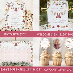 May include: A collection of baby shower stationery featuring wildflower illustrations and a clothesline graphic. Includes a 5x7 inch invitation, an 18x24 or 24x36 inch welcome sign, a 24x18 or 36x24 inch due date calendar, and 2x2 inch cupcake toppers.