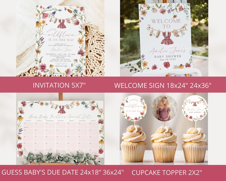 May include: A collection of baby shower stationery featuring wildflower illustrations and a clothesline graphic. Includes a 5x7 inch invitation, an 18x24 or 24x36 inch welcome sign, a 24x18 or 36x24 inch due date calendar, and 2x2 inch cupcake toppers.