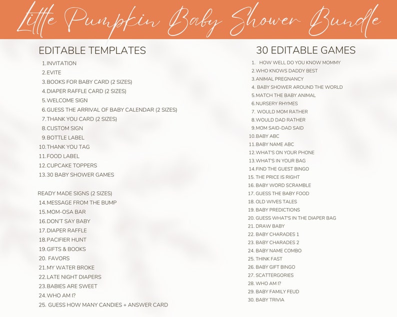 K&ouml;nnte beinhalten: Eine druckbare Checkliste f&uuml;r eine Babyparty mit K&uuml;rbis-Thema. Die Checkliste enth&auml;lt 30 bearbeitbare Spiele und 25 bearbeitbare Vorlagen. Die Checkliste tr&auml;gt den Titel "Little Pumpkin Baby Shower Bundle".