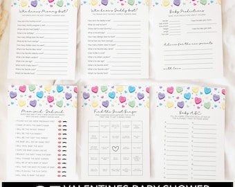 Puede incluir: Un conjunto de 25 juegos imprimibles para baby shower de San Valentín. Los juegos incluyen "¿Quién conoce mejor a mamá?", "¿Quién conoce mejor a papá?", "Predicciones para el bebé", "Mamá dijo - Papá dijo", "Encuentra el bingo de los invitados" y "Bebé A-B-C".