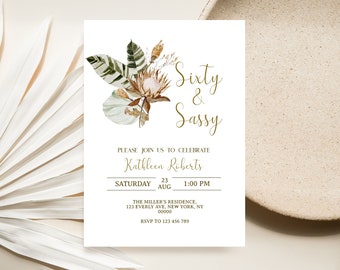 60th Birthday Invitation Women, Boho Sixty and Sassy Birthday Invitation, Editable 60th Birthday Invitation, Instant Download 5x7