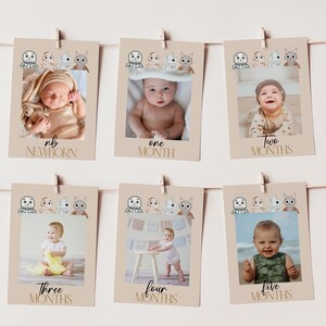 Op de afbeelding: Een set van zes beige fotokaarten met een schattige dierenillustratie bovenaan elke kaart. Elke kaart toont een baby op een andere foto, met de leeftijd van de baby onder de foto. De leeftijden zijn pasgeborene, &eacute;&eacute;n maand, twee maanden, drie maanden, vier maanden en vijf maanden.