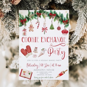 Pode incluir: Um convite festivo para uma Cookie Exchange Party, com ilustrações de bonecos de gengibre, bengalas doces e utensílios de panificação. O convite inclui o texto "Cookie Exchange Party" e detalhes do evento.