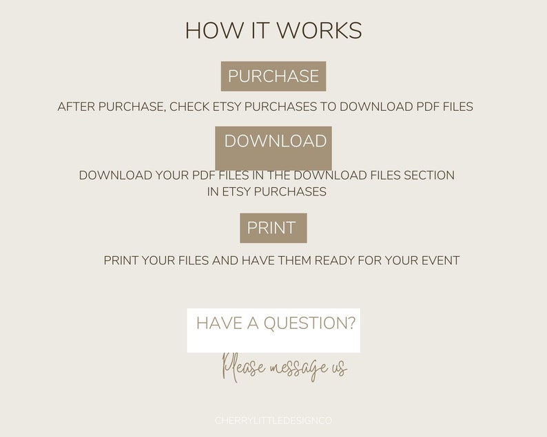 May include: A beige and brown graphic with the text "HOW IT WORKS" in black. The graphic explains the steps to purchase, download, and print digital files. The text "HAVE A QUESTION?" is in black with the text "Please message us" in cursive.