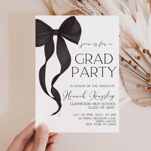 Black Bow Graduation Party Invitation, Graduation Invitation Template, Graduation Announcement, Graduation invitation, Photo, Canva Template