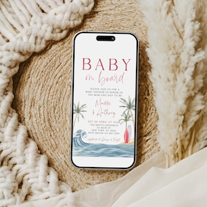 Pink Baby on Board Baby Shower Evite, Digital Baby on Board Baby Shower Invite, Surf Theme Baby Shower, Girl, Summer, Editable Template