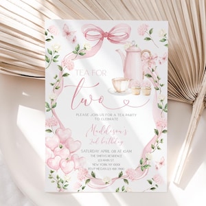May include: A pastel pink tea party invitation with floral and heart decorations. The design includes a teapot, teacup, and cupcakes, with the text "Tea for Two" and details for a second birthday celebration.