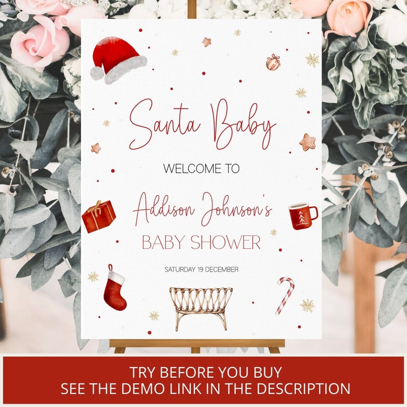 Santa Baby Shower Welcome Sign, Christmas Baby Shower Decorations, Winter Baby Shower Decor, Santa Baby Welcome Sign, Editable Template image 3