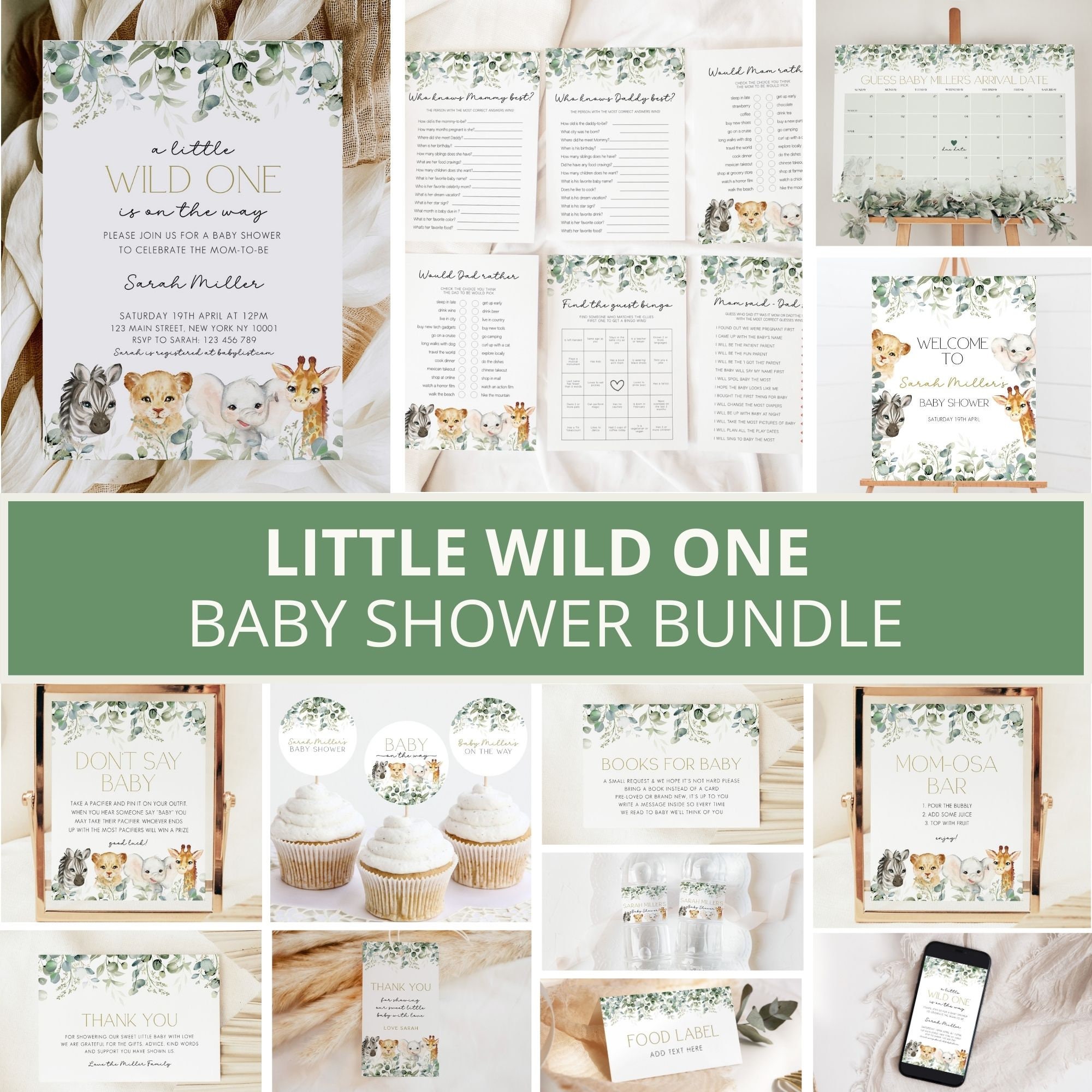 Safari Baby Shower Invitation Bundle, Jungle Baby Shower Bundle, Wild One Baby  Shower Invitation , Greenery Baby Shower, Editable Template - Etsy, image size:2000x2000