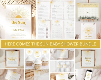 Puede incluir: Un paquete de baby shower con temática de sol. El paquete incluye un cartel de bienvenida, un calendario, un cartel de "mensaje del bulto", adornos para cupcakes, etiquetas para alimentos, un cartel personalizado y una variedad de juegos y actividades. Los colores son amarillo, blanco y dorado.