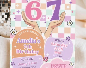 Invitation anniversaire 6-7 ans, invitation anniversaire 6-7, invitation 7e anniversaire, thème rétro, modèle toile 5 x 7"