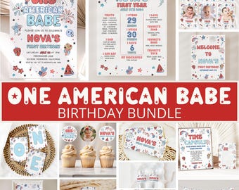 Könnte beinhalten: Ein druckbares Geburtstagsparty-Paket für den ersten Geburtstag eines kleinen Mädchens. Das Thema ist "One American Babe" und es zeigt die Farben Rot, Weiß und Blau mit Sternen und Feuerwerk. Das Paket beinhaltet ein Willkommenszeichen, eine Einladung, Cupcake-Topper, Lebensmitteletiketten, eine Zeitkapsel und ein Banner.