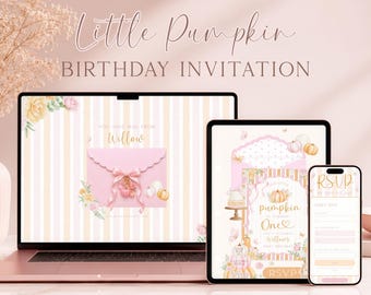 Pink Little Pumpkin Birthday Invitation Website, Girl Birthday, Canva Invitation Website Template (Digital Download)