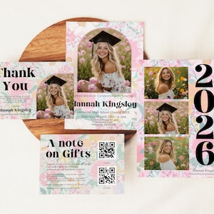 May include: A collection of graduation announcements and thank you cards. The cards feature a floral design with pink and white flowers. The cards include the graduate's name, graduation year, and party details. The text "Thank You" and "A note on Gifts" are also visible.