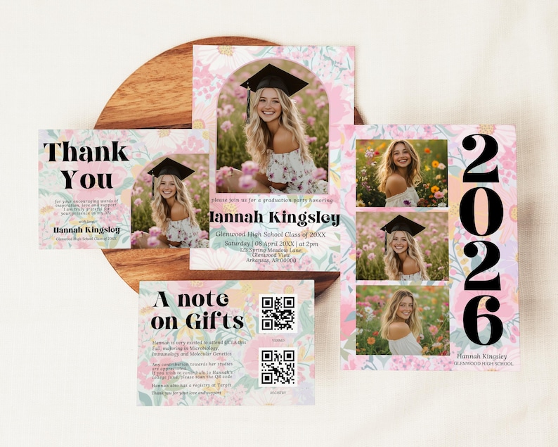 May include: A collection of graduation announcements and thank you cards. The cards feature a floral design with pink and white flowers. The cards include the graduate's name, graduation year, and party details. The text "Thank You" and "A note on Gifts" are also visible.