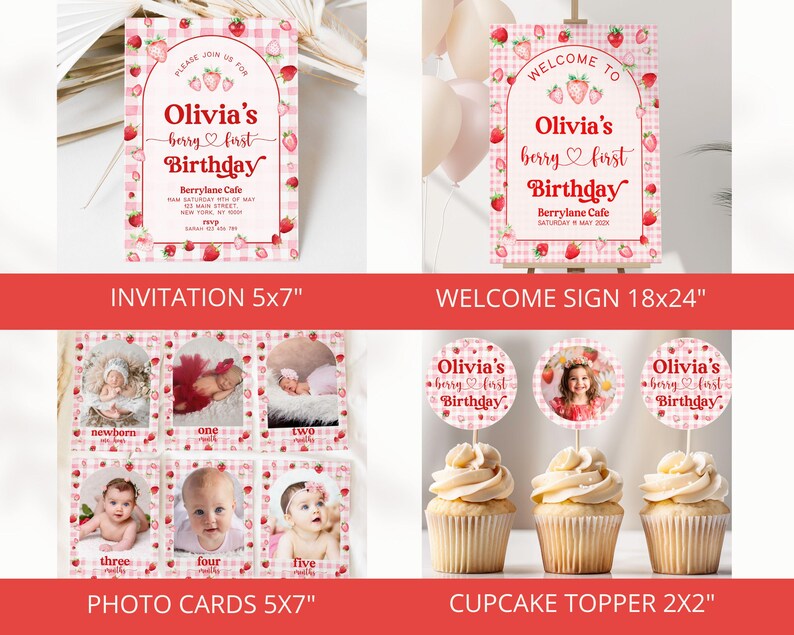 Berry First Birthday Bundle, Strawberry Birthday Bundle, Berry First Birthday Invitation, Berry First Birthday Decor, Berry 1st, Template image 2