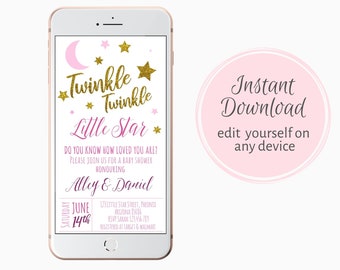 Twinkle twinkle little star baby shower invitation virtuelle de douche de bébé fille rose evite, invitation modifiable
