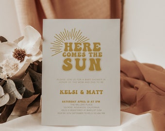 Here Comes the Sun Baby Shower Invitation, Sun Baby Shower Invitation, Sunshine Baby Shower Invitation Boy, Here Comes the Son, Editable