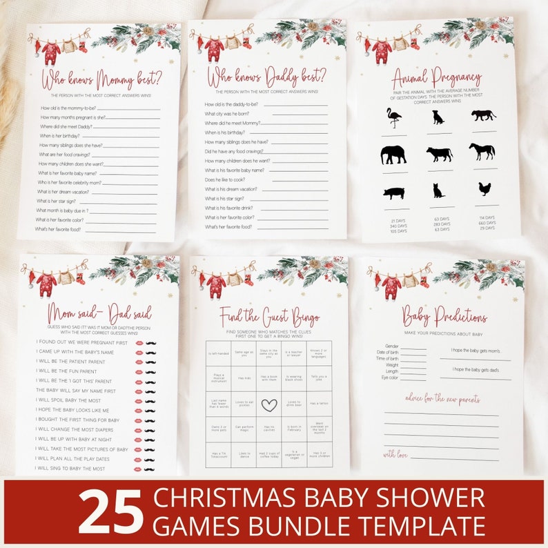 Puede incluir: Un conjunto de 25 plantillas de juegos para una fiesta de baby shower de Navidad. Los juegos incluyen "&iquest;Qui&eacute;n conoce mejor a mam&aacute;?", "&iquest;Qui&eacute;n conoce mejor a pap&aacute;?", "Embarazo animal", "Mam&aacute; dijo - Pap&aacute; dijo", "Bingo de invitados" y "Predicciones para el beb&eacute;".